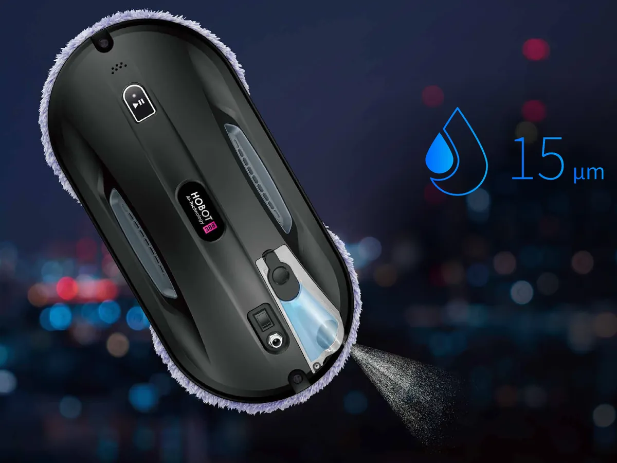 HOBOT 388 ultrasonic nozzle spraying a fine mist