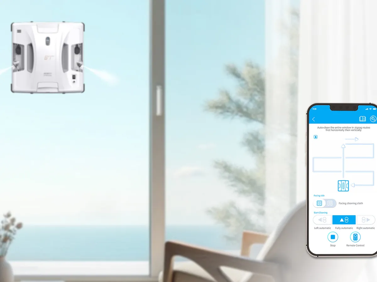 HOBOT S7 Pro on a window with the HOBOT LEGEE app on a smartphone
