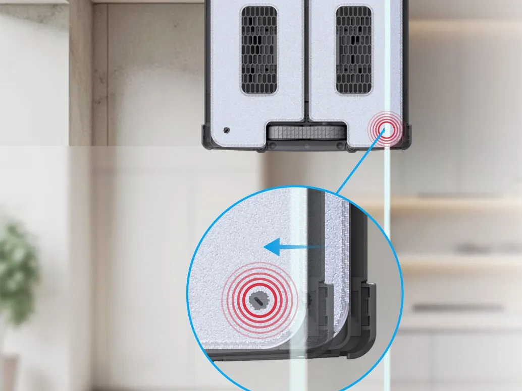 HOBOT S7 Pro ELB edge sensor detecting the edge of a frameless glass panel