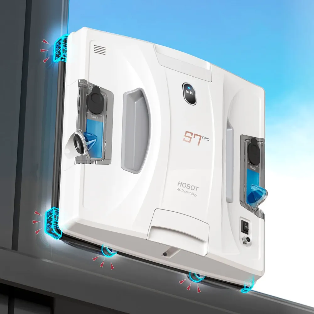HOBOT S7 Pro on a window frame, silicone-covered bumpers