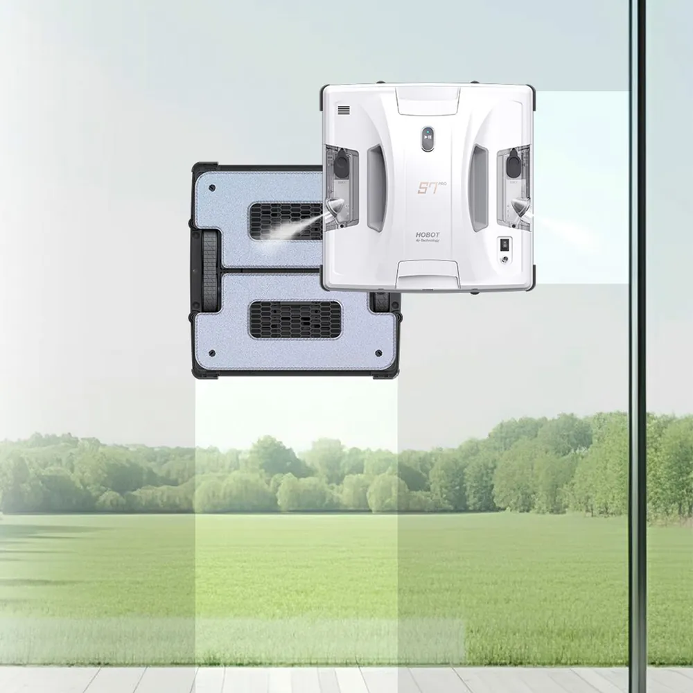 HOBOT S7 Pro cleaning a large window overlooking a garden