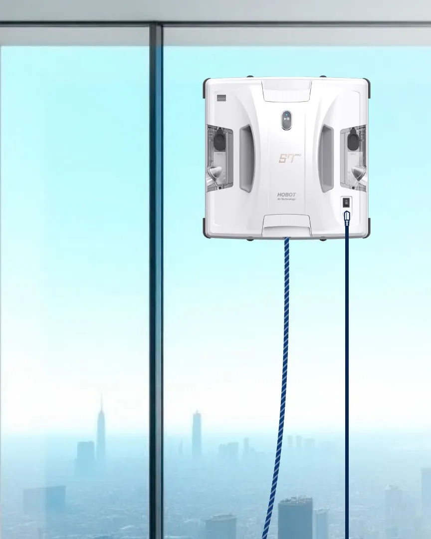 HOBOT S7 Pro on a window with its safety rope and power cord attached